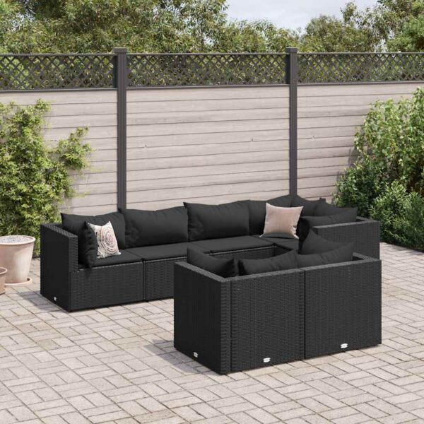 7-delige Loungeset met kussens poly rattan zwart