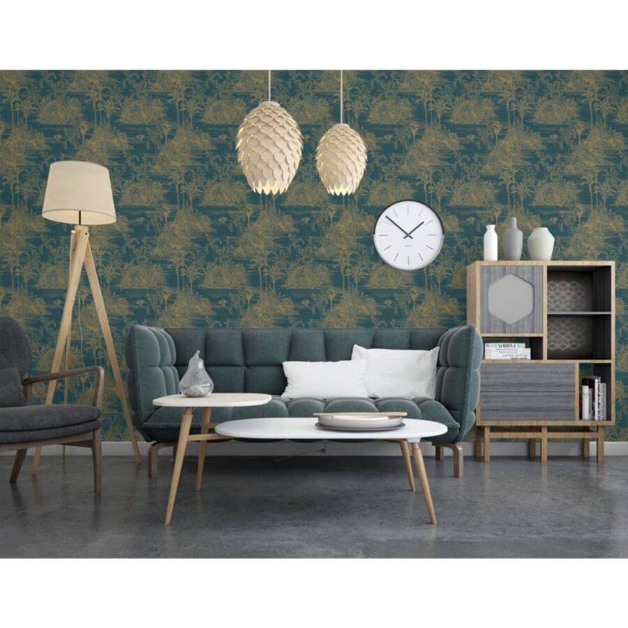 DUTCH WALLCOVERINGS Behang Tropical donkerblauw en goudkleurig - Afbeelding 3