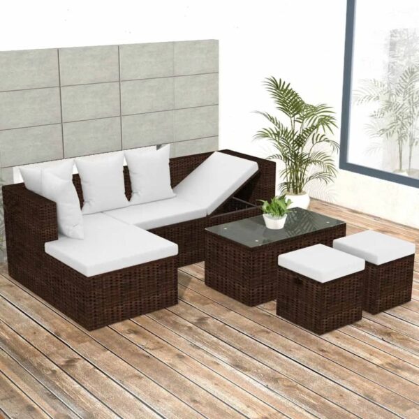 4-delige Loungeset met kussens poly rattan bruin