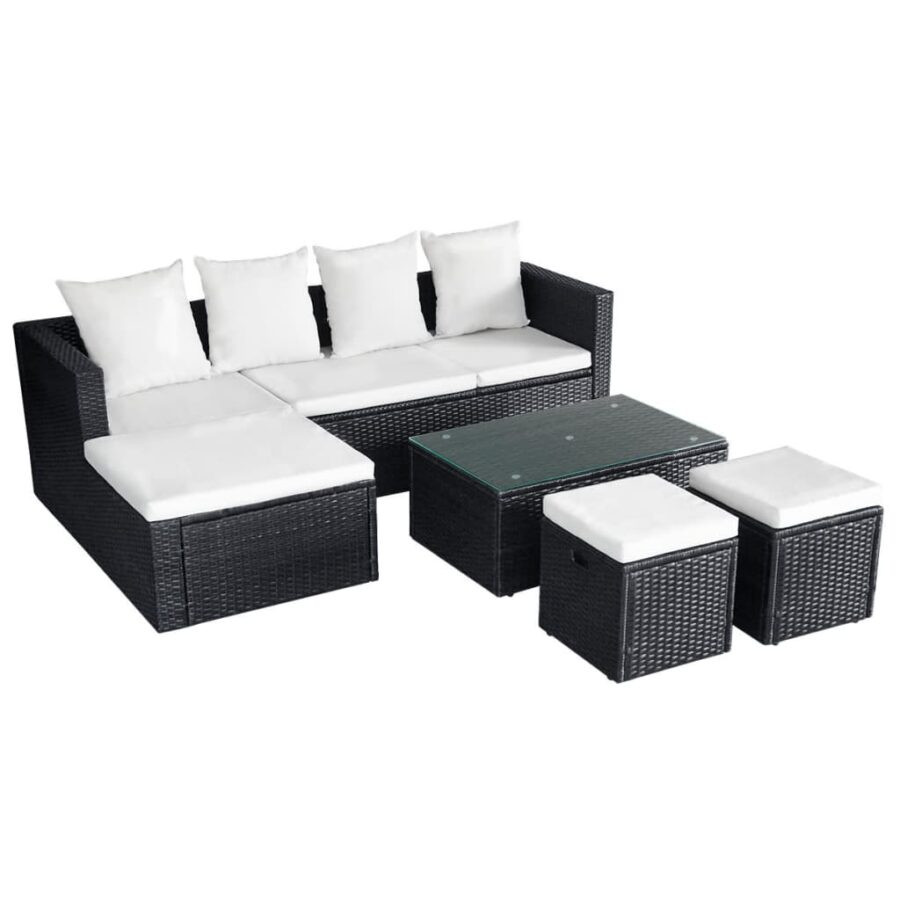 4-delige Loungeset met kussens poly rattan zwart - Afbeelding 3