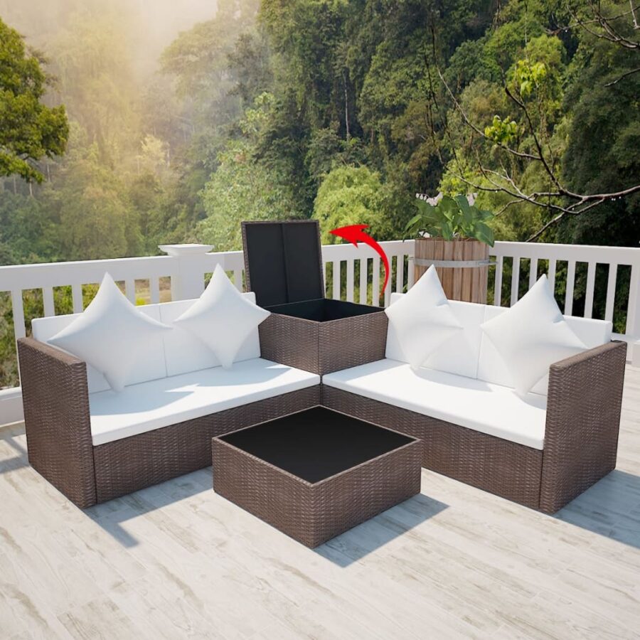4-delige Loungeset met kussens poly rattan bruin - Afbeelding 3