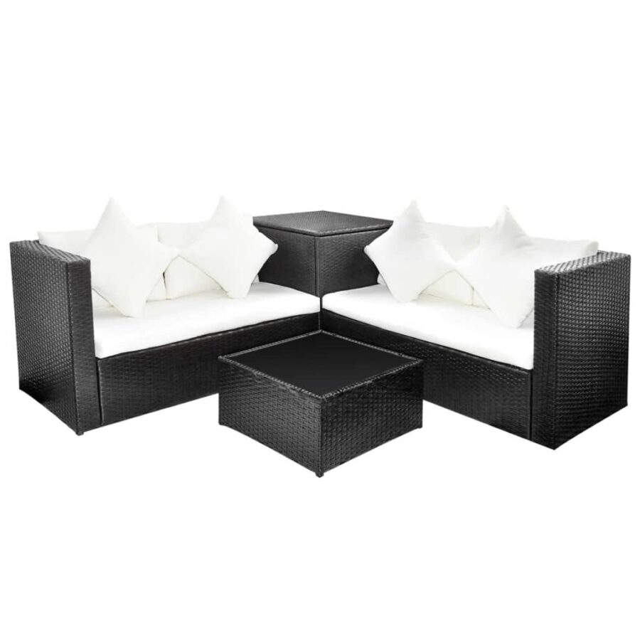 4-delige Loungeset met kussens poly rattan zwart - Afbeelding 2