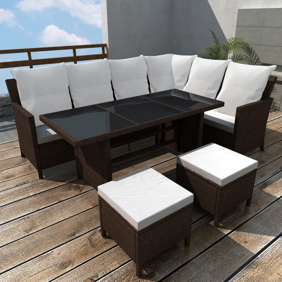4-delige Loungeset met kussens poly rattan bruin