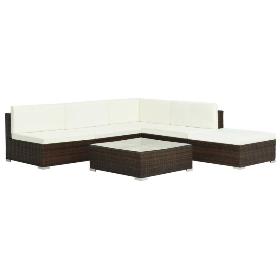 6-delige Loungeset met kussens poly rattan bruin - Afbeelding 2