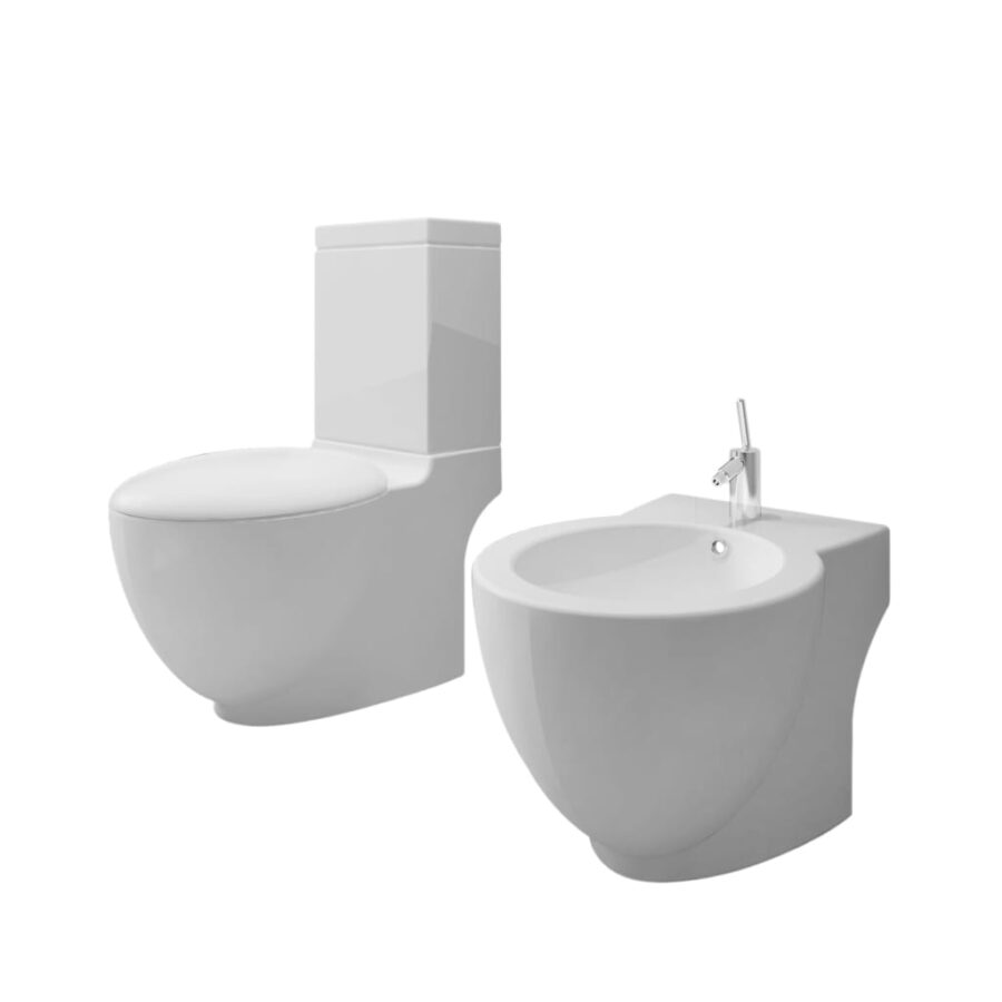 Toilet- en bidetset staand keramiek wit - Afbeelding 2