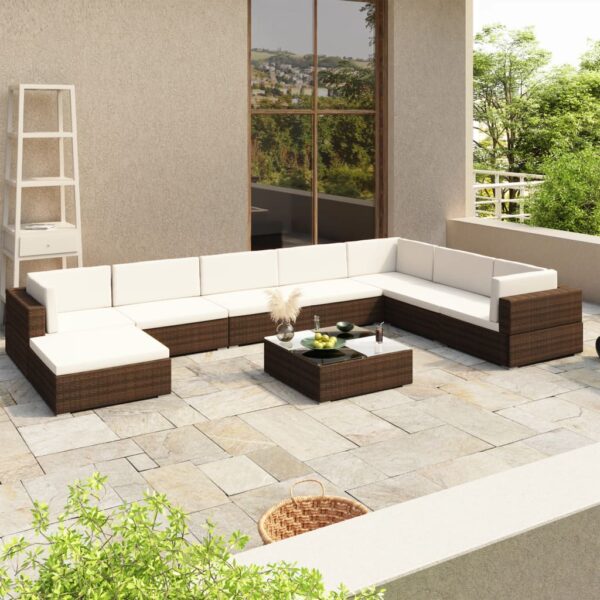8-delige Loungeset met kussens poly rattan bruin