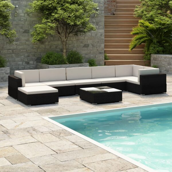 8-delige Loungeset met kussens poly rattan zwart