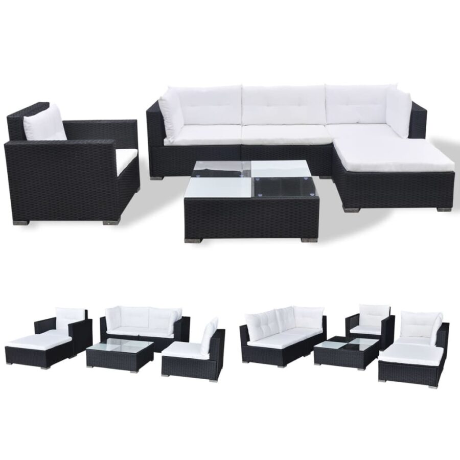 6-delige Loungeset met kussens poly rattan zwart - Afbeelding 3