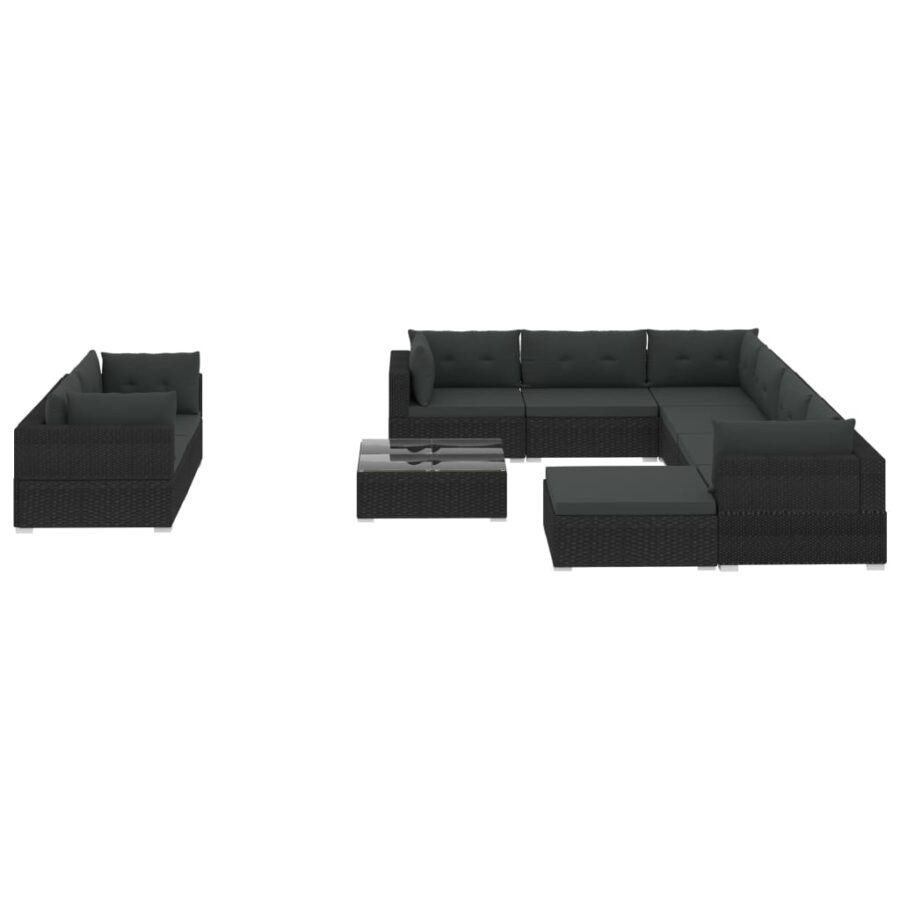 10-delige Loungeset met kussens poly rattan zwart - Afbeelding 2