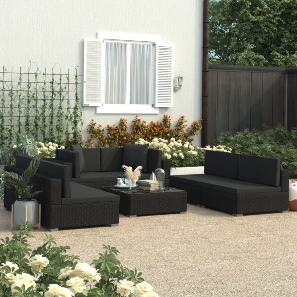 7-delige Loungeset met kussens poly rattan zwart