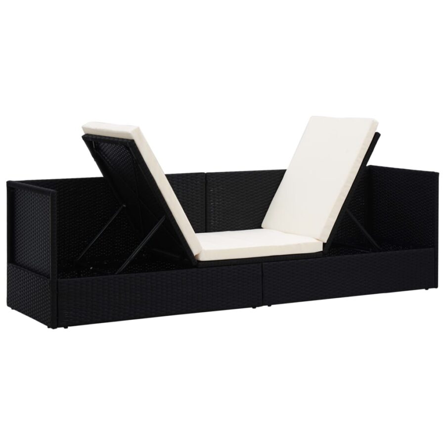 Tuinbed met kussens poly rattan zwart - Afbeelding 4