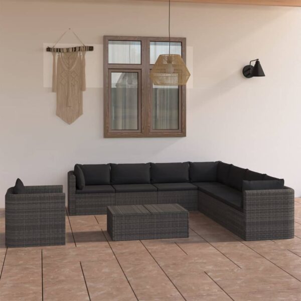 9-delige Loungeset met kussens poly rattan grijs