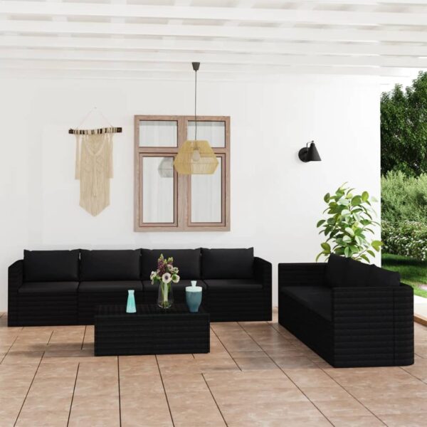 8-delige Loungeset met kussens poly rattan zwart