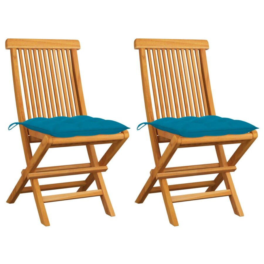 Tuinstoelen 2 st met lichtblauwe kussens massief teakhout