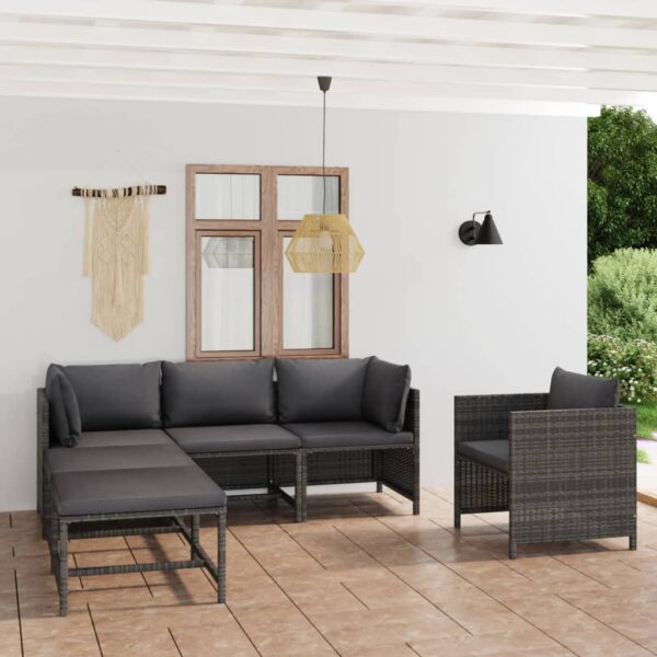 6-delige Loungeset met kussens poly rattan grijs