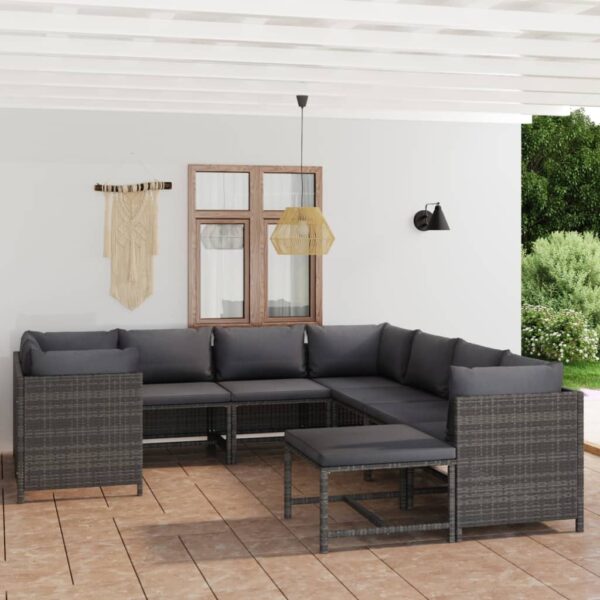 9-delige Loungeset met kussens poly rattan grijs