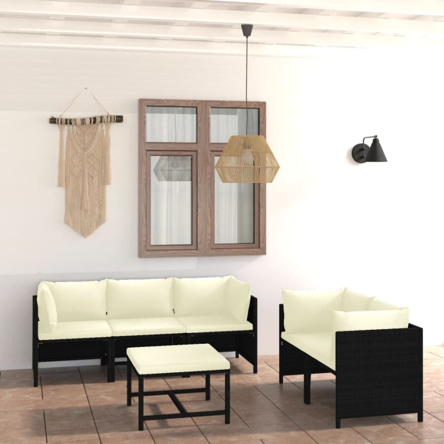 6-delige Loungeset met kussens poly rattan zwart