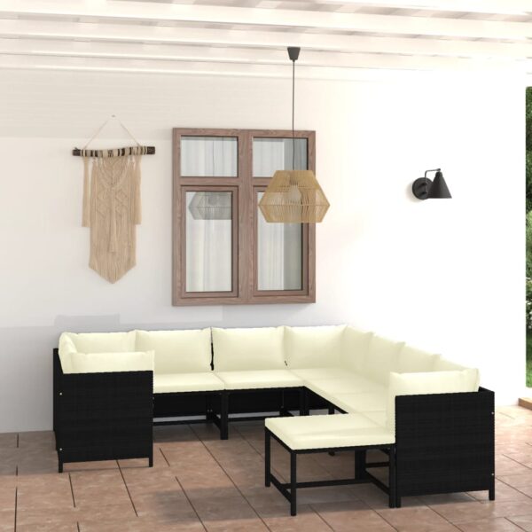 9-delige Loungeset met kussens poly rattan zwart