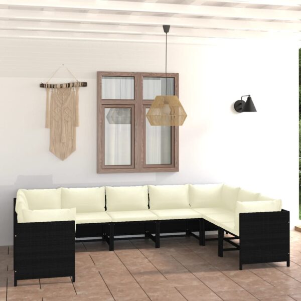 9-delige Loungeset met kussens poly rattan zwart