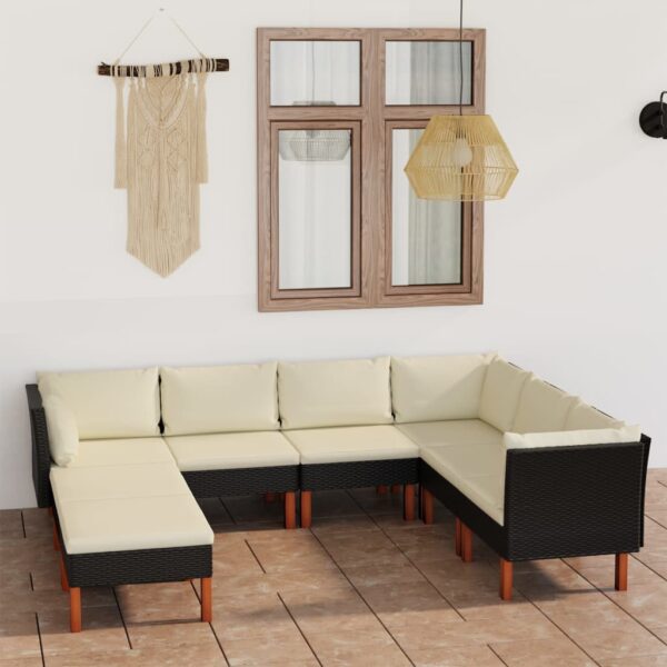 8-delige Loungeset met kussens poly rattan zwart