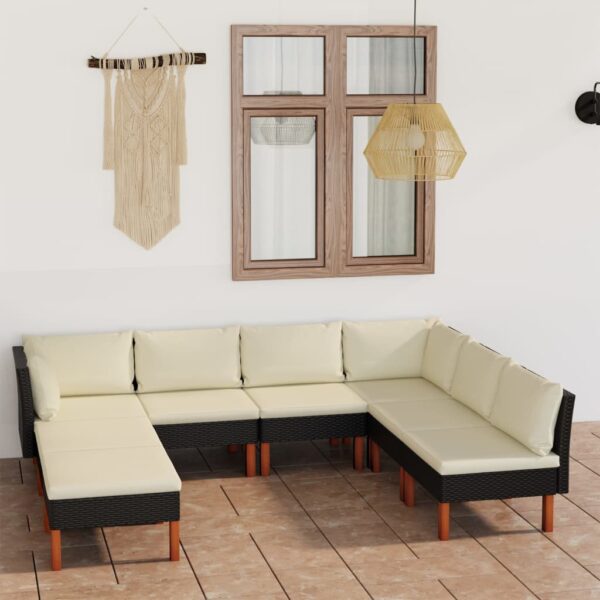 8-delige Loungeset met kussens poly rattan zwart