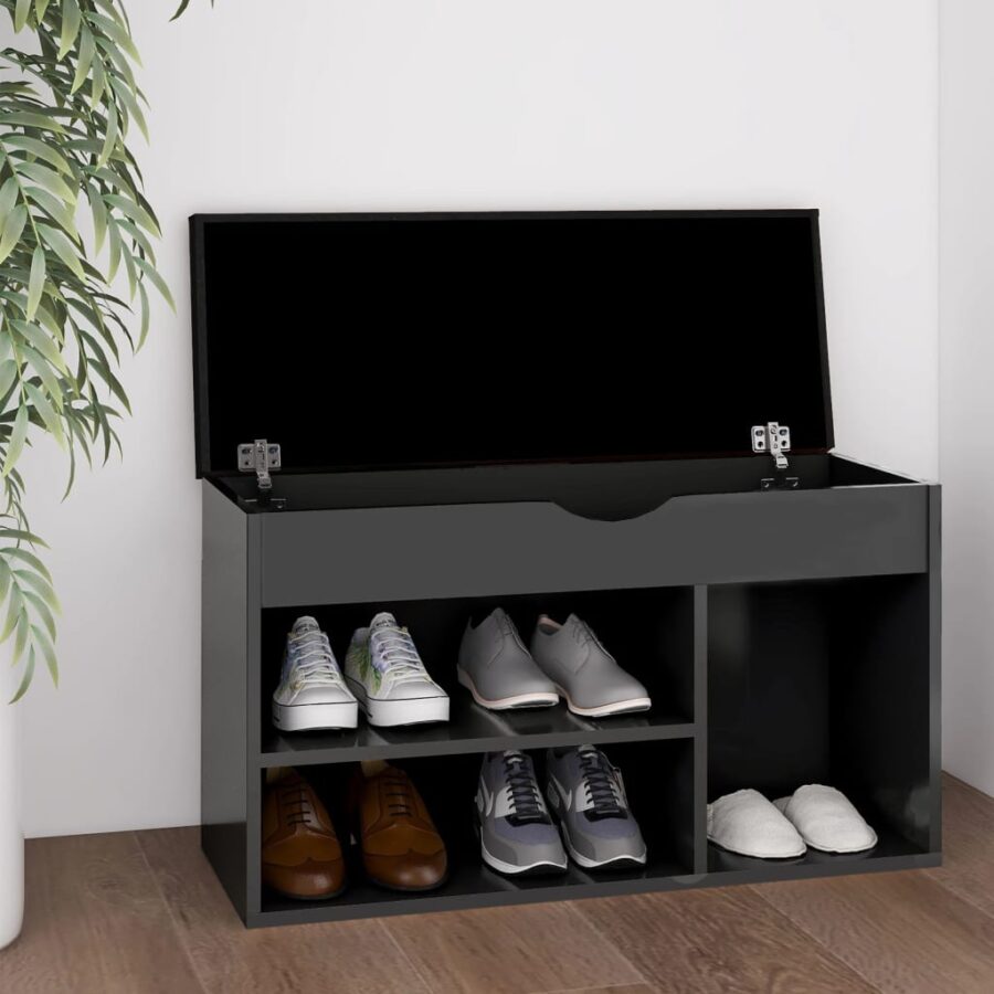 Schoenenbank met kussen 80x30x47 cm bewerkt hout grijs