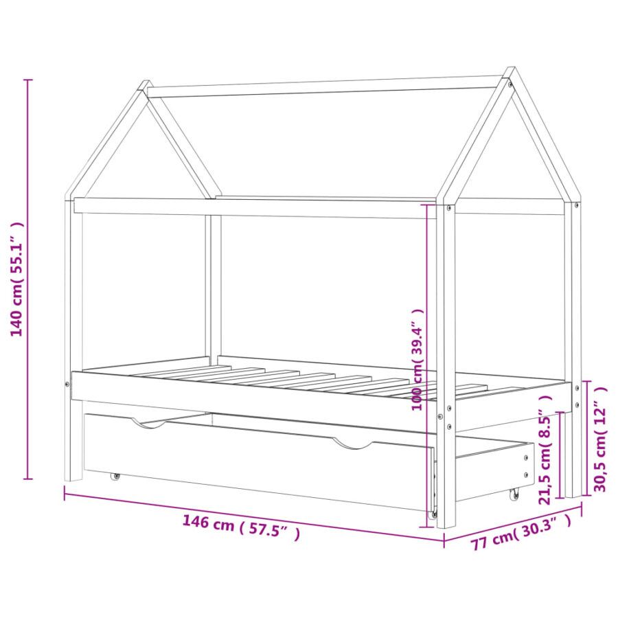 Kinderbedframe met lade massief grenenhout 70x140 cm wit - Afbeelding 7