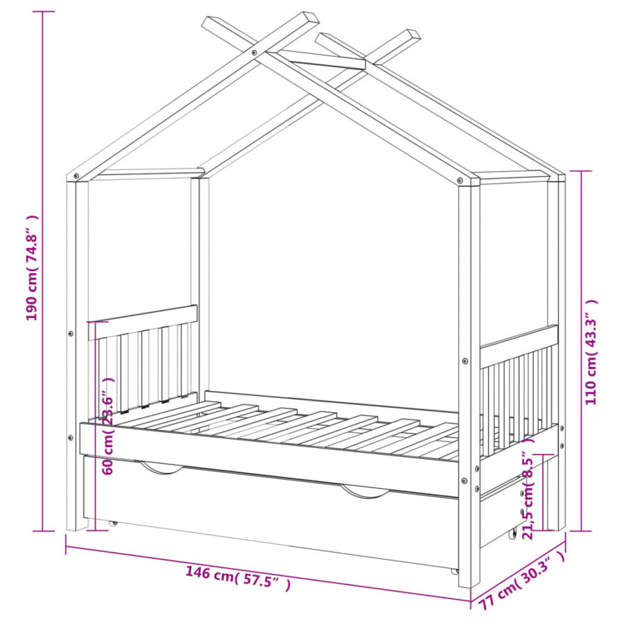 Kinderbedframe met lade massief grenenhout 70x140 cm - Afbeelding 7