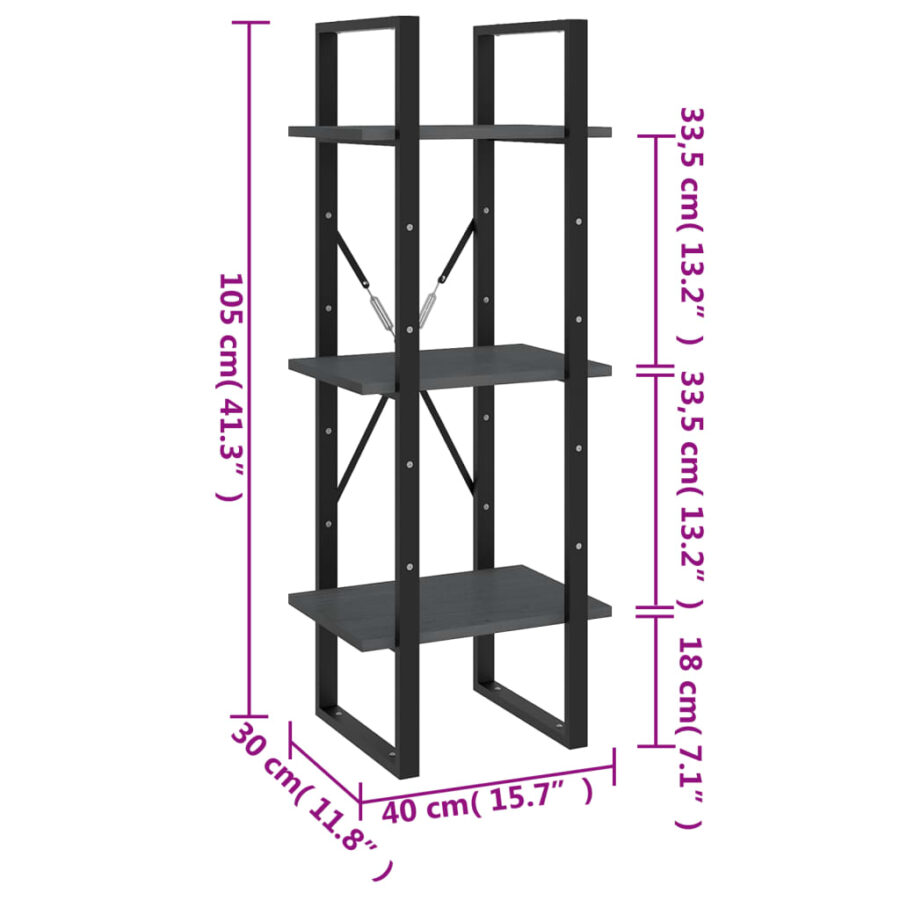 Boekenkast met 3 schappen 40x30x105 cm massief grenenhout grijs - Afbeelding 8