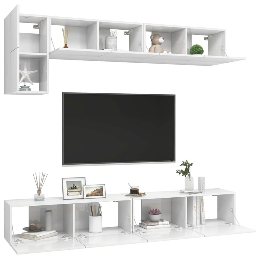 5-delige Tv-meubelset bewerkt hout hoogglans wit - Afbeelding 3