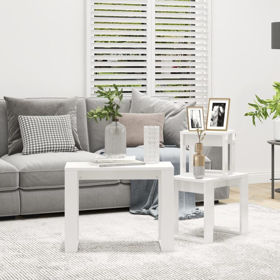 3-delige Tafeltjesset bewerkt hout hoogglans wit - Afbeelding 3