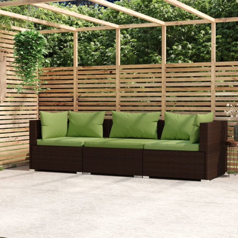 Bank 3-zits met kussens poly rattan bruin
