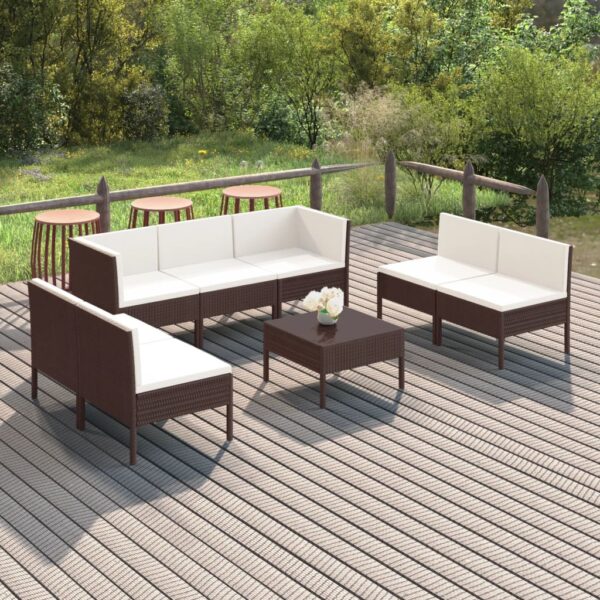 8-delige Loungeset met kussens poly rattan bruin