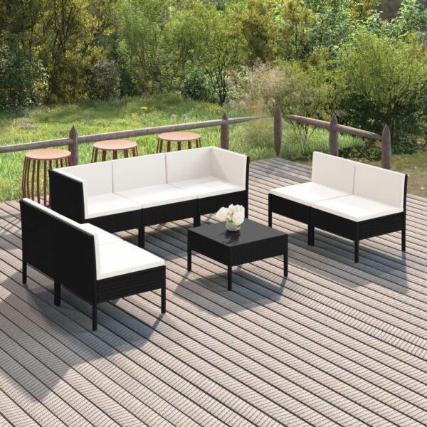 8-delige Loungeset met kussens poly rattan zwart