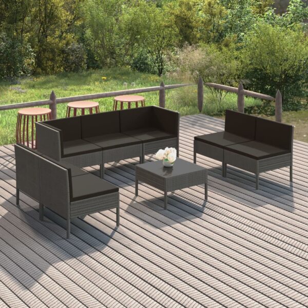 8-delige Loungeset met kussens poly rattan grijs