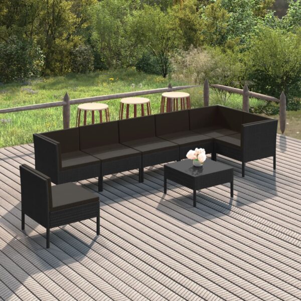 8-delige Loungeset met kussens poly rattan zwart