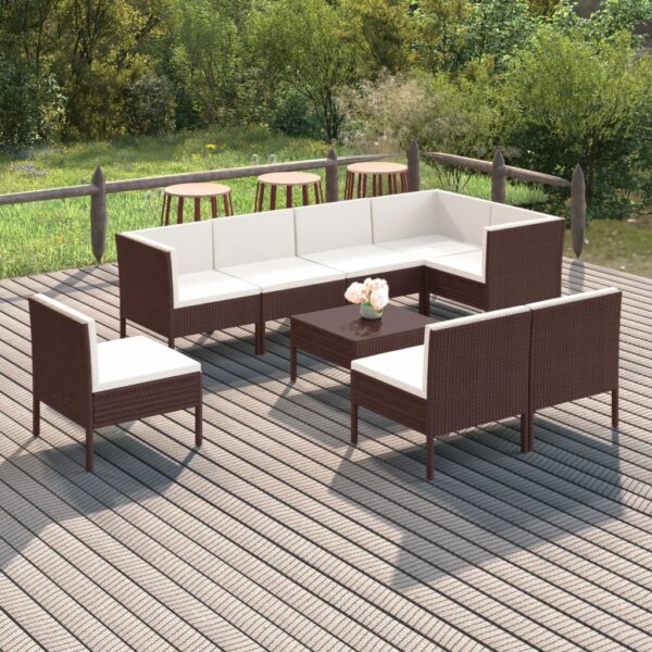 9-delige Loungeset met kussens poly rattan bruin
