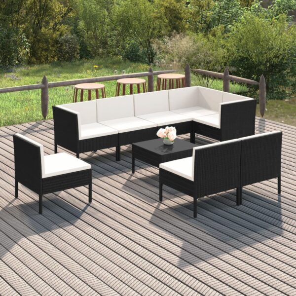9-delige Loungeset met kussens poly rattan zwart