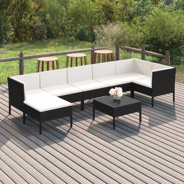 8-delige Loungeset met kussens poly rattan zwart