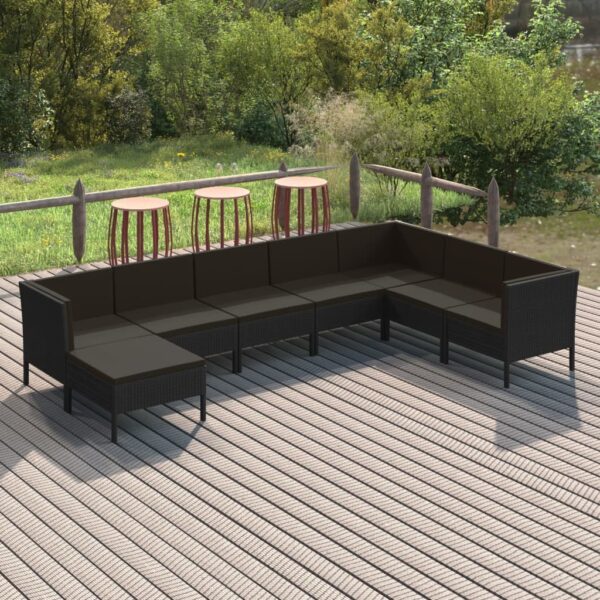 8-delige Loungeset met kussens poly rattan zwart