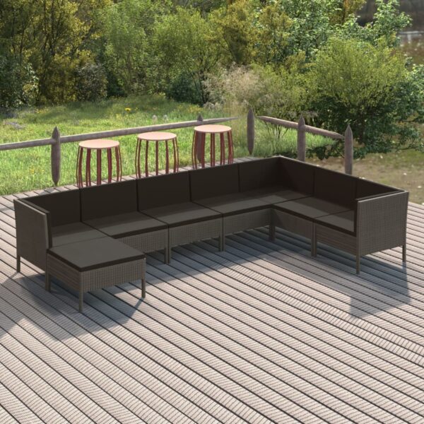 8-delige Loungeset met kussens poly rattan grijs