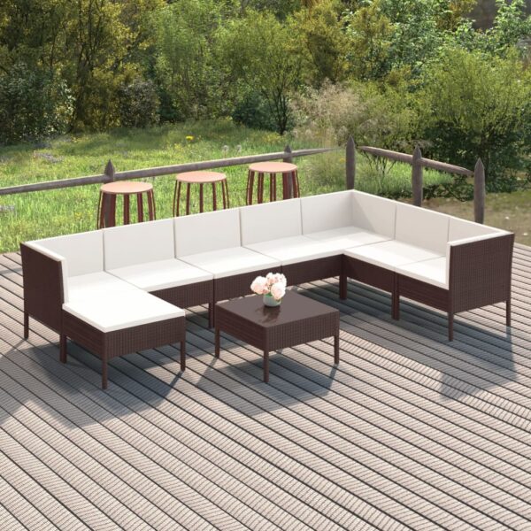 9-delige Loungeset met kussens poly rattan bruin
