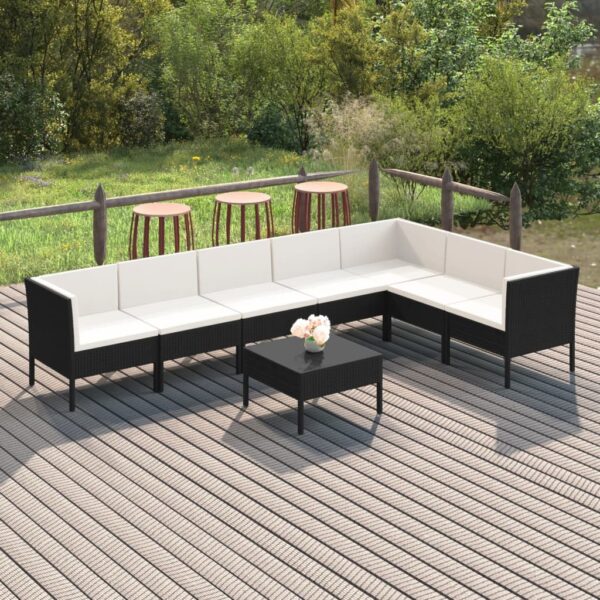 8-delige Loungeset met kussens poly rattan zwart