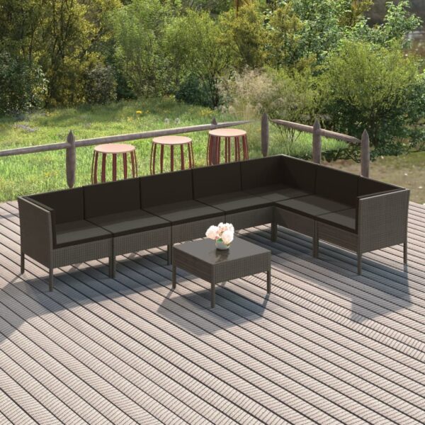 8-delige Loungeset met kussens poly rattan grijs