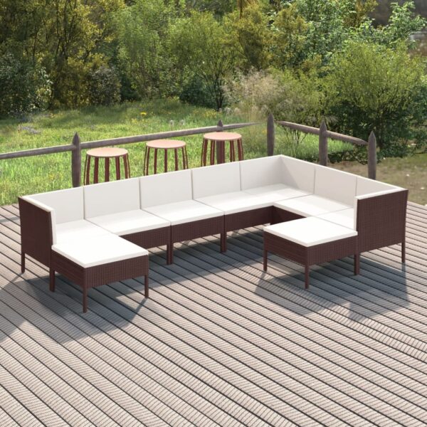 9-delige Loungeset met kussens poly rattan bruin