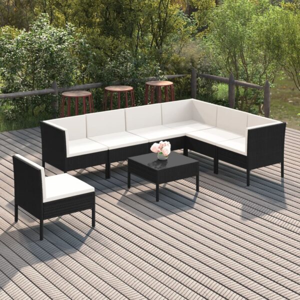 8-delige Loungeset met kussens poly rattan zwart