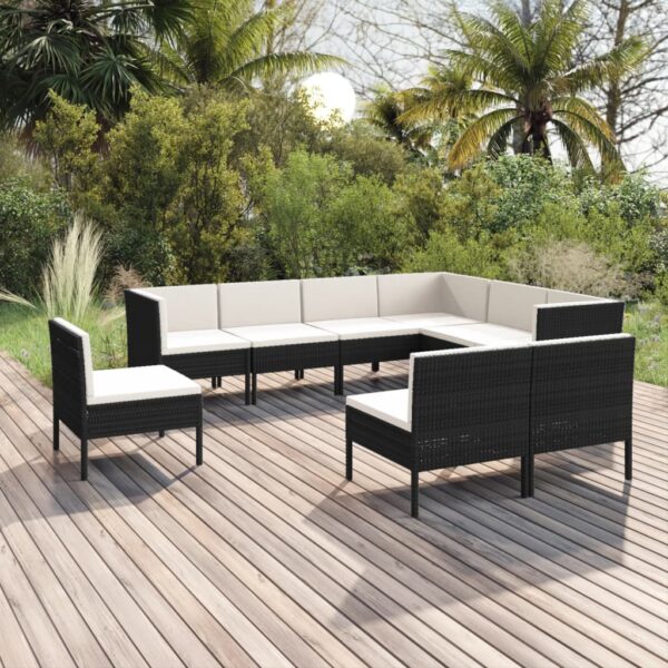 9-delige Loungeset met kussens poly rattan zwart