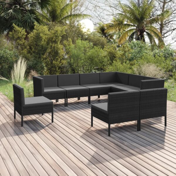9-delige Loungeset met kussens poly rattan zwart