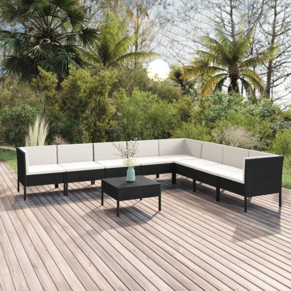 9-delige Loungeset met kussens poly rattan zwart