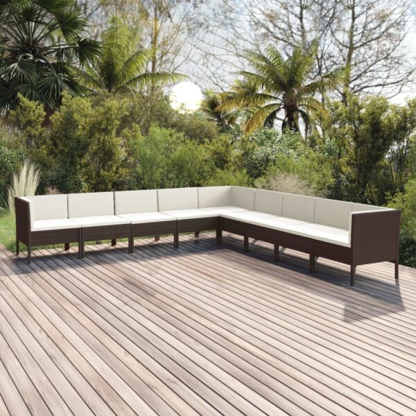 9-delige Loungeset met kussens poly rattan bruin